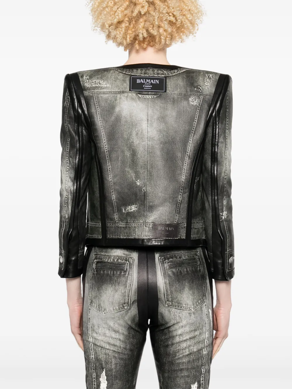 Balmain Leren jack met denim print Grijs