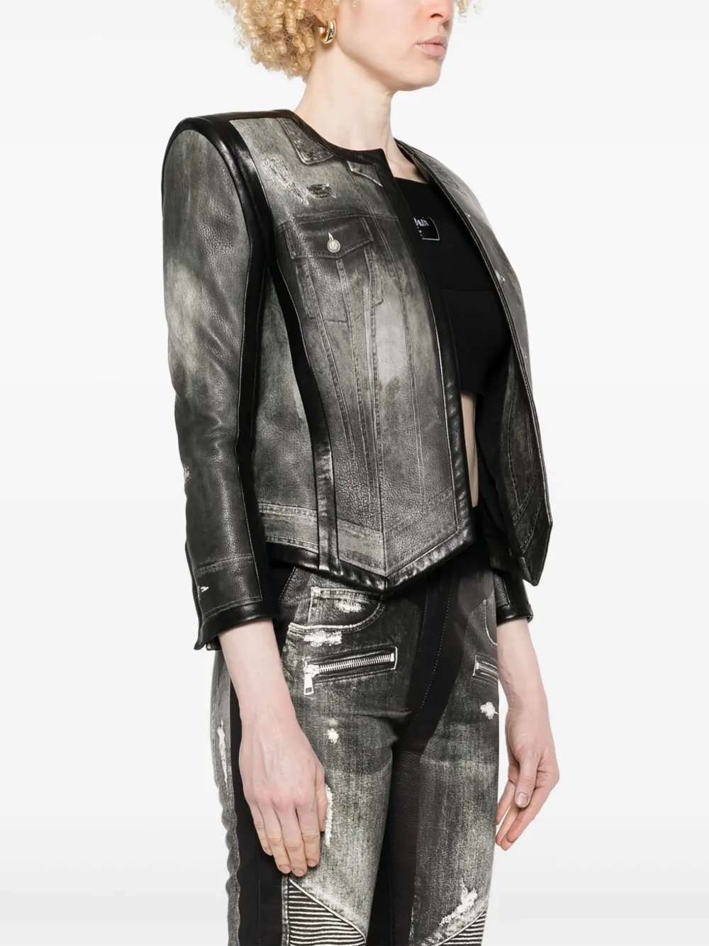 Balmain Leren jack met denim print Grijs