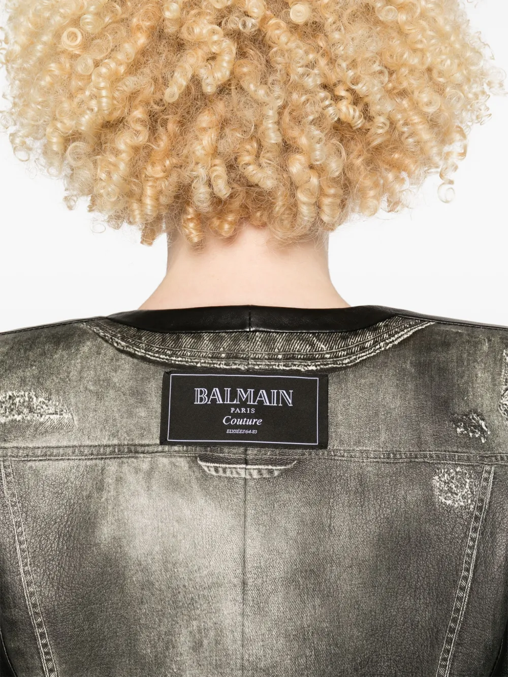 Balmain Leren jack met denim print Grijs
