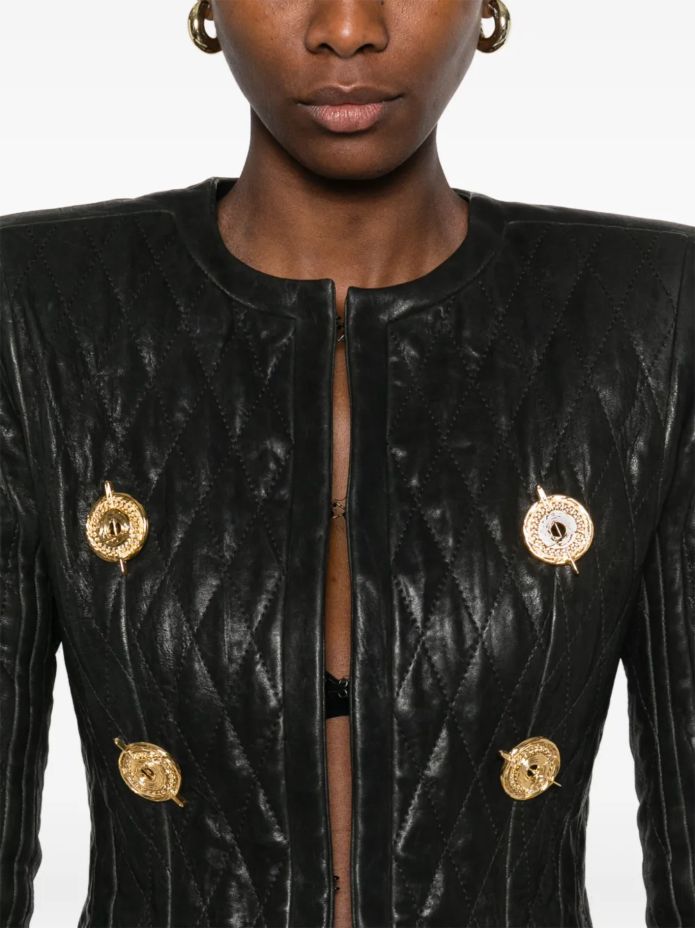 Shop Balmain Quilted Leather Jacket In Black