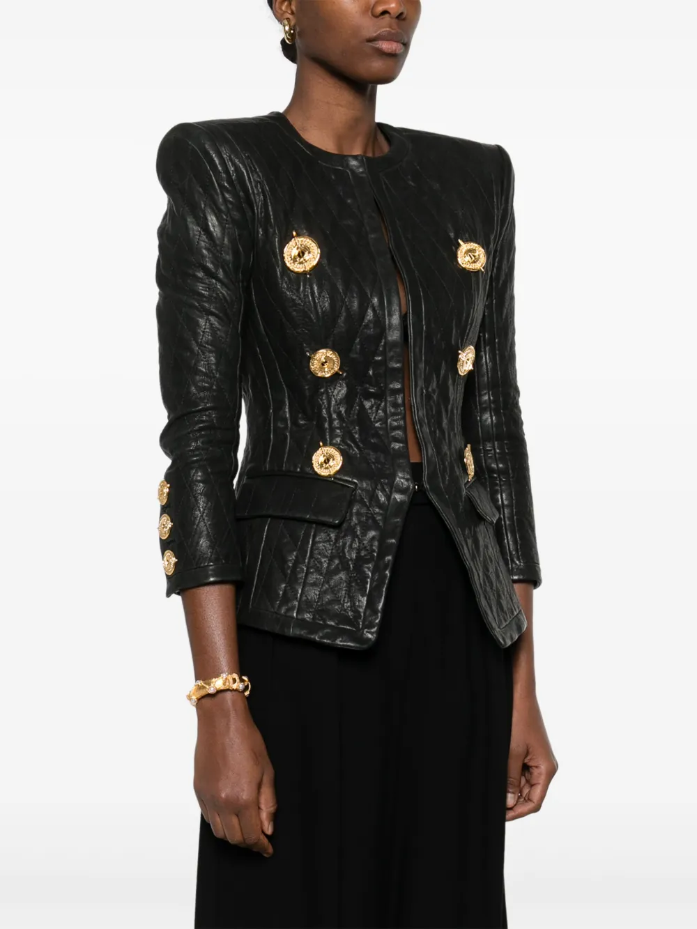 Shop Balmain Quilted Leather Jacket In Black