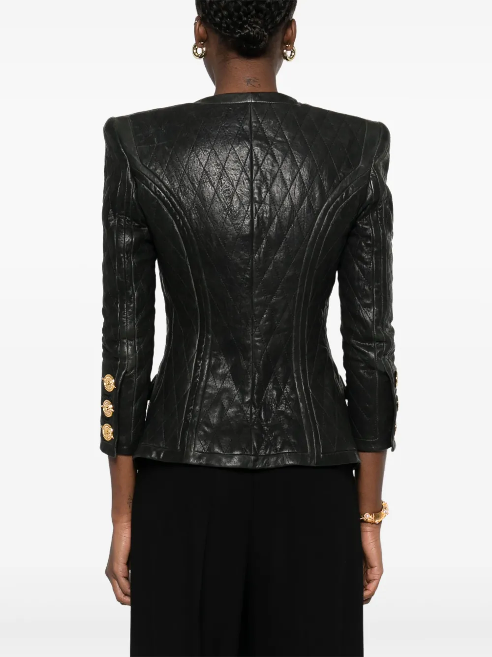 Shop Balmain Quilted Leather Jacket In Black