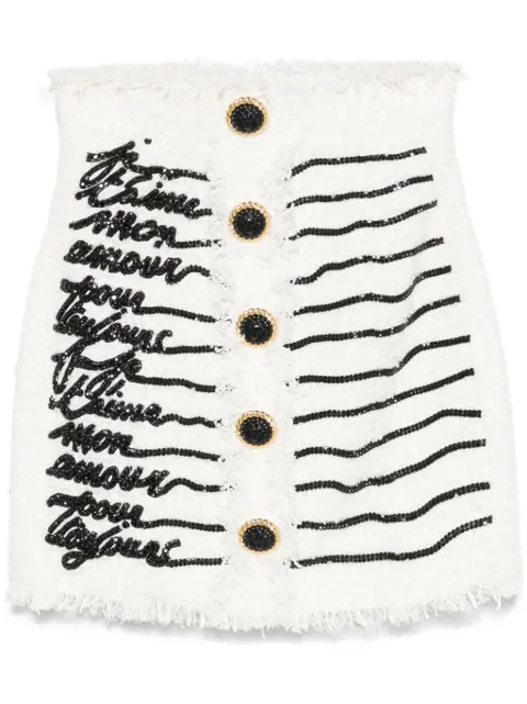 Balmain Love Letter-embroidered tweed mini skirt