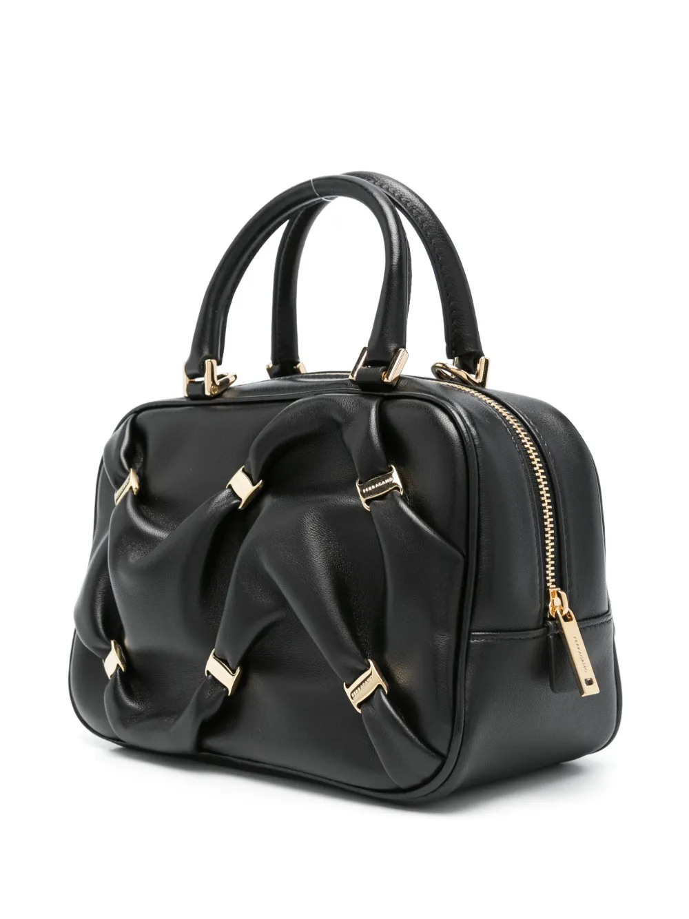 Ferragamo Leather Handbag With Draped Details Secured By Mini Vara Bows In Schwarz