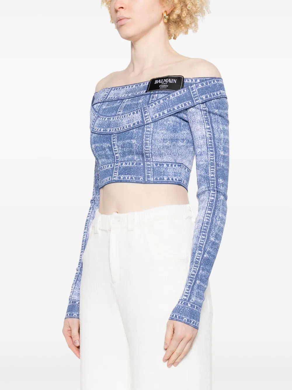 Balmain Cropped top met trompe l'oeil-print Blauw