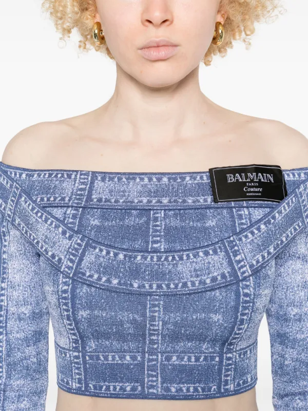 Balmain トロンプルイユプリント クロップトップ | ブルー | FARFETCH JP