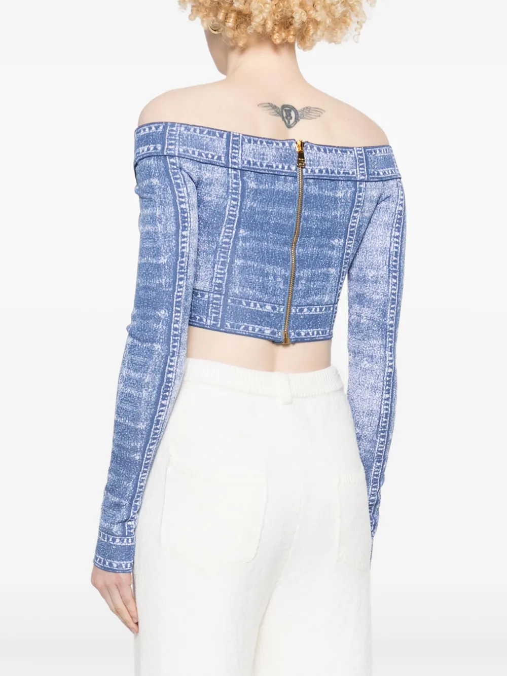 Balmain Cropped top met trompe l'oeil-print Blauw
