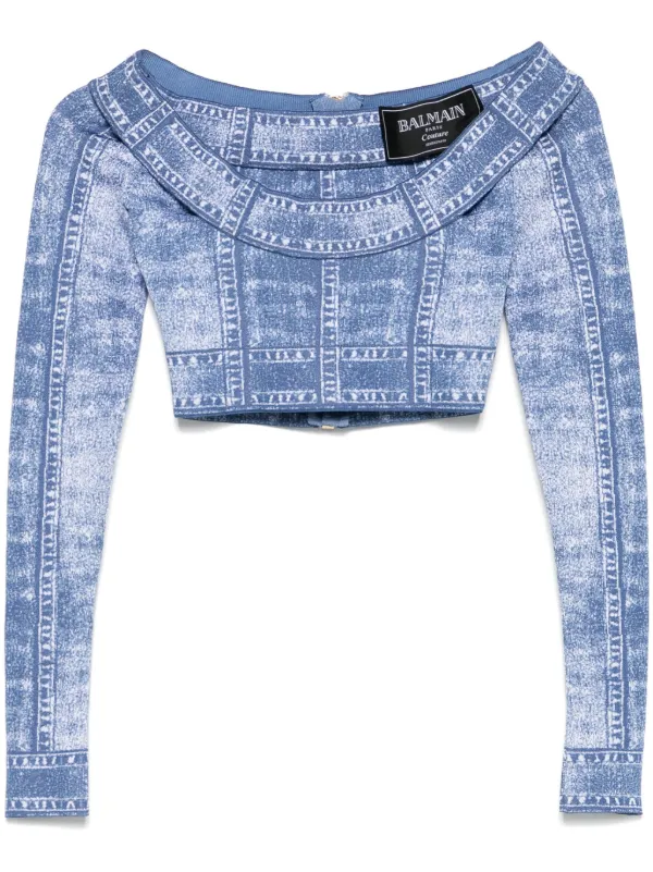 Balmain トロンプルイユプリント クロップトップ | ブルー | FARFETCH JP