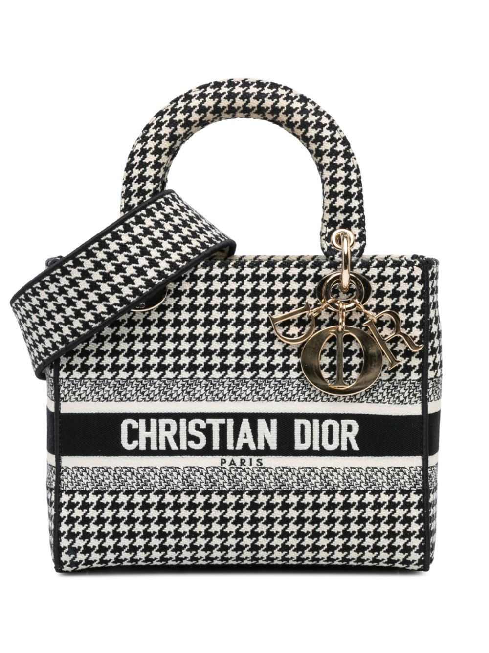 Christian Dior Pre-Owned 2021 Medium Canvas Houndstooth Embroidered Lady D Lite satchel - Black