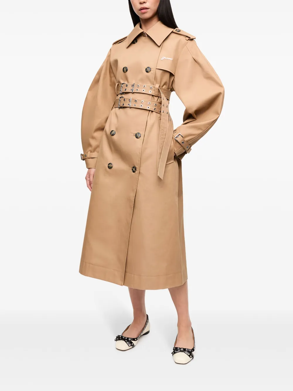 Shop Ganni Belted Trench Coat In Brown