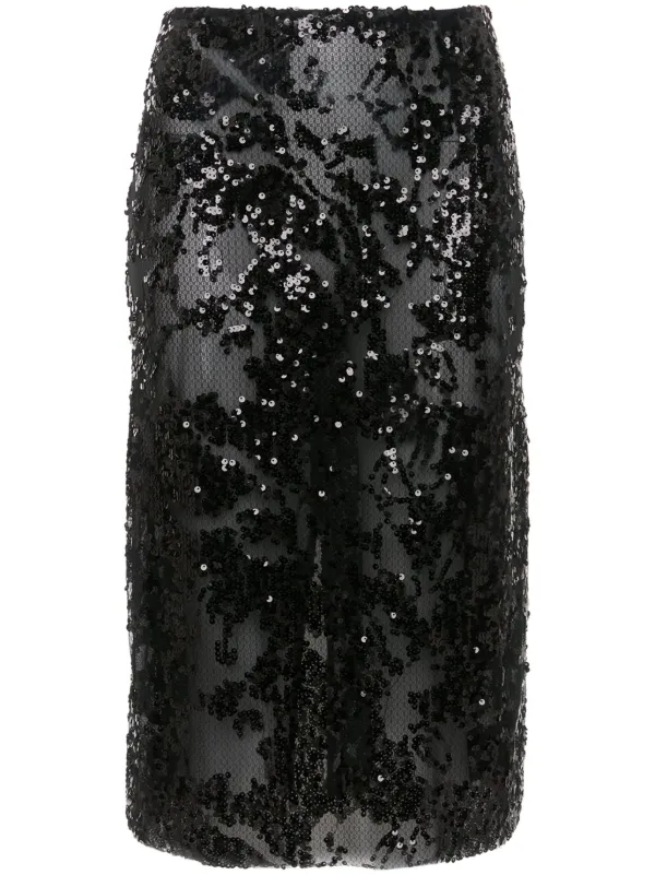 Victoria Beckham Sequin-embellished Pencil Midi Skirt in Black