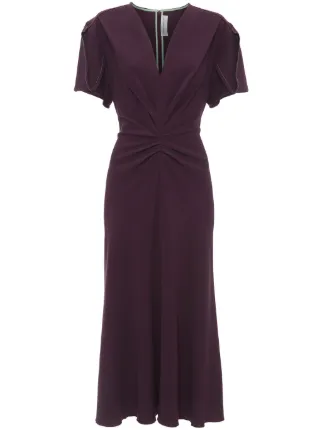 Victoria Beckham Gathered V-neck Midi Dress | Purple | FARFETCH