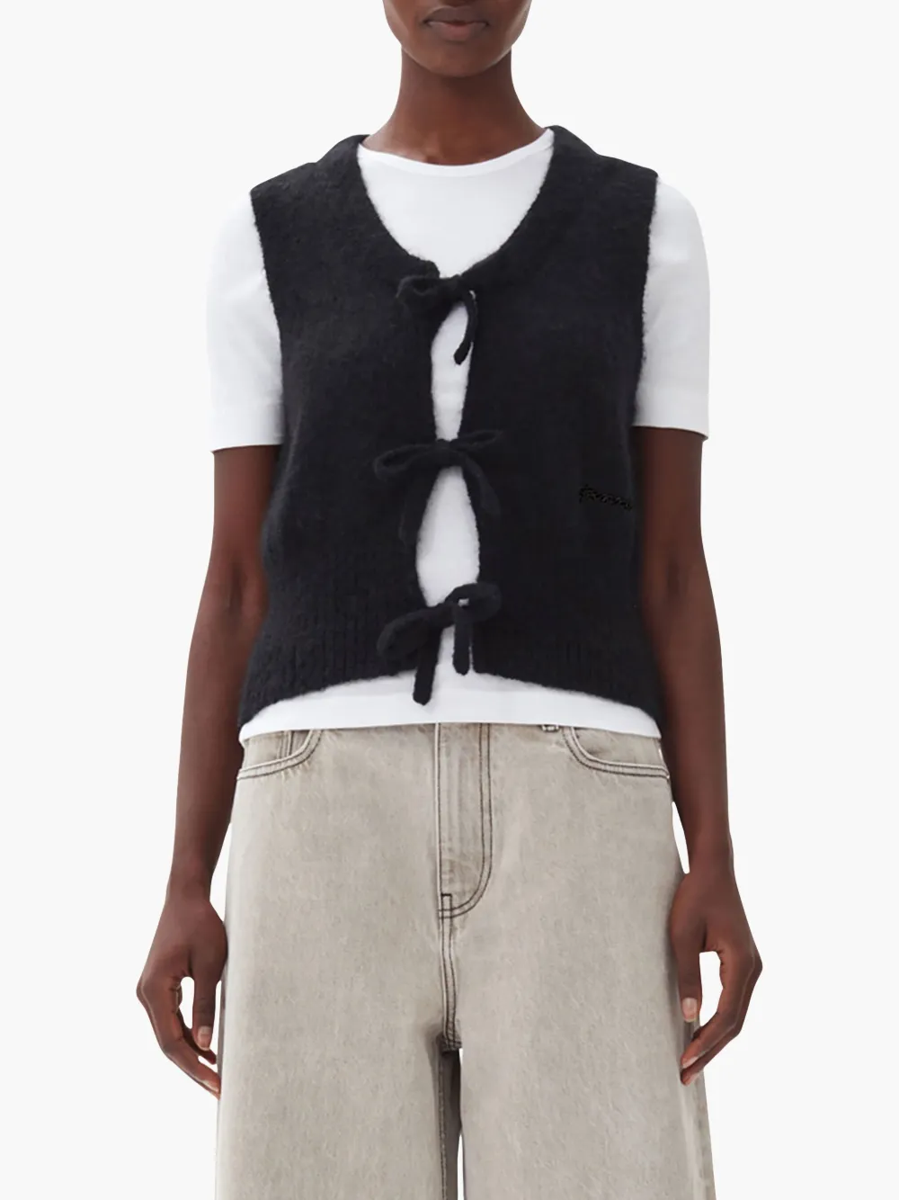 Ganni Knitted Tie String Vest In Black