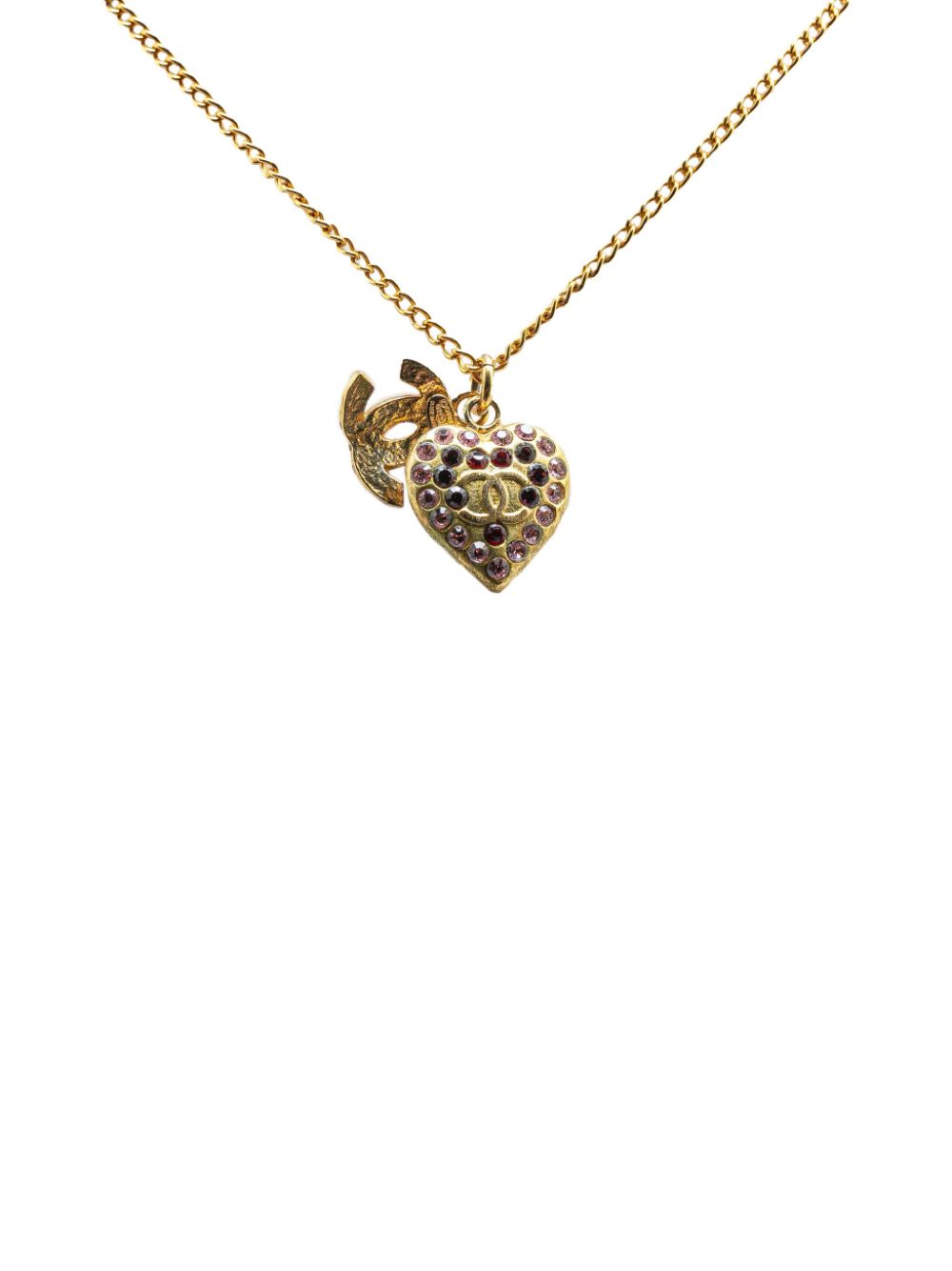 CHANEL Pre-Owned 2002 Gold Plated Rhinestone CC Heart Pendant costume necklace - Goud