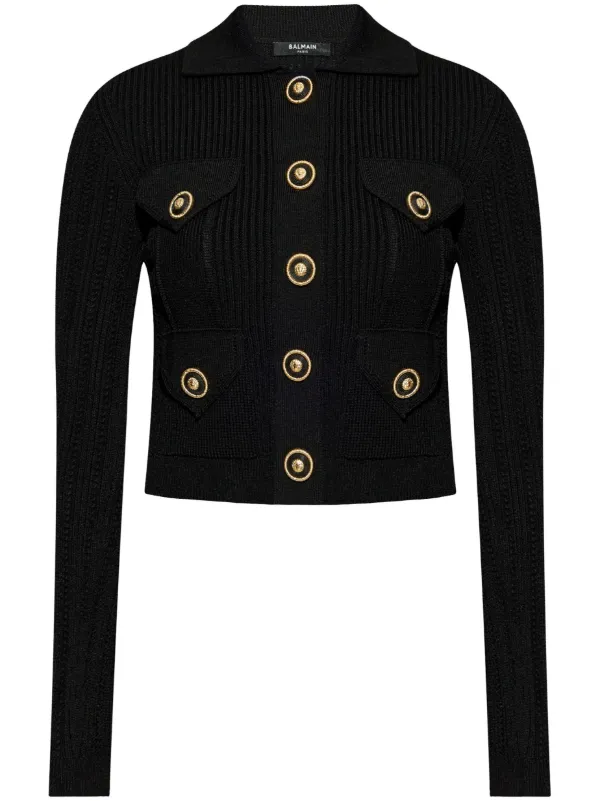 Balmain Openwork-detailed Ribbed-knit Cardigan in Black