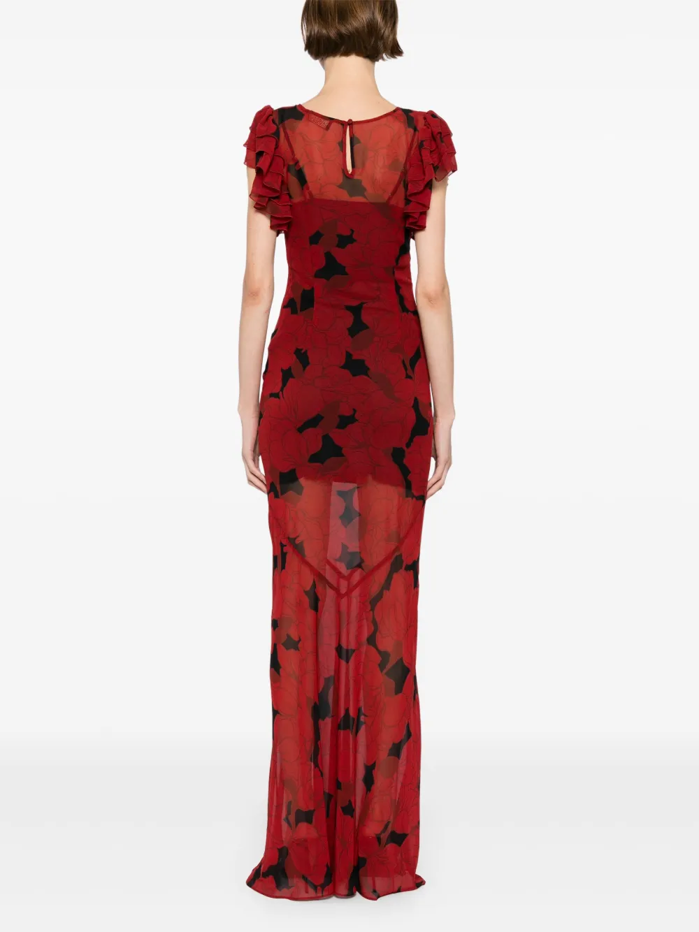 De La Vali Bougainvillea Printed Chiffon Maxi Dress In Red
