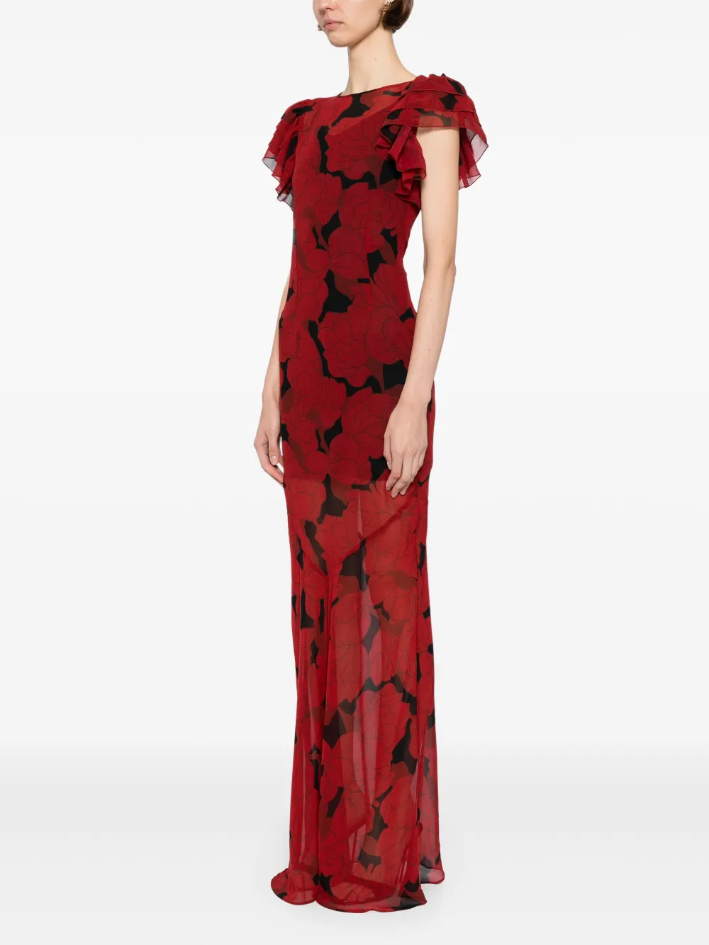 De La Vali Bougainvillea Printed Chiffon Maxi Dress In Red