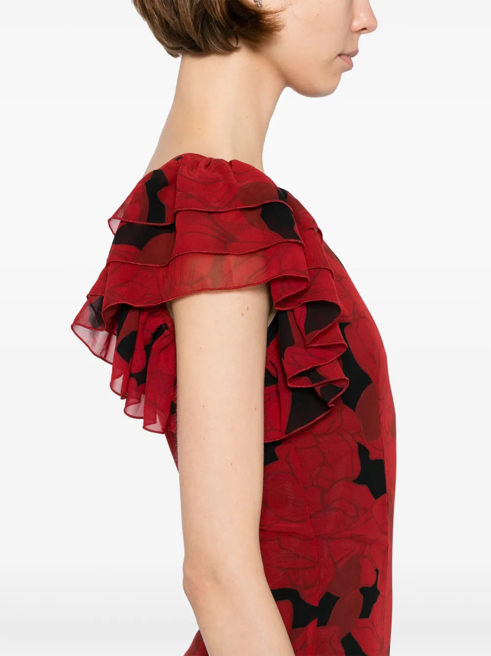 De La Vali Bougainvillea Printed Chiffon Maxi Dress In Red