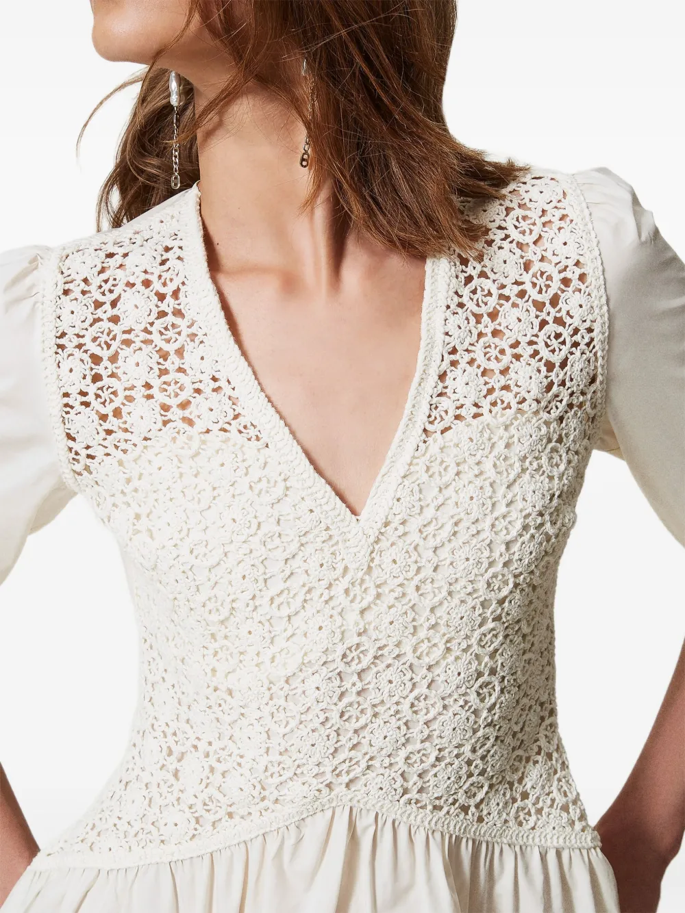 TWINSET Jurk met gehaakte vlakken en pofmouwen 00282 WHITE SNOW