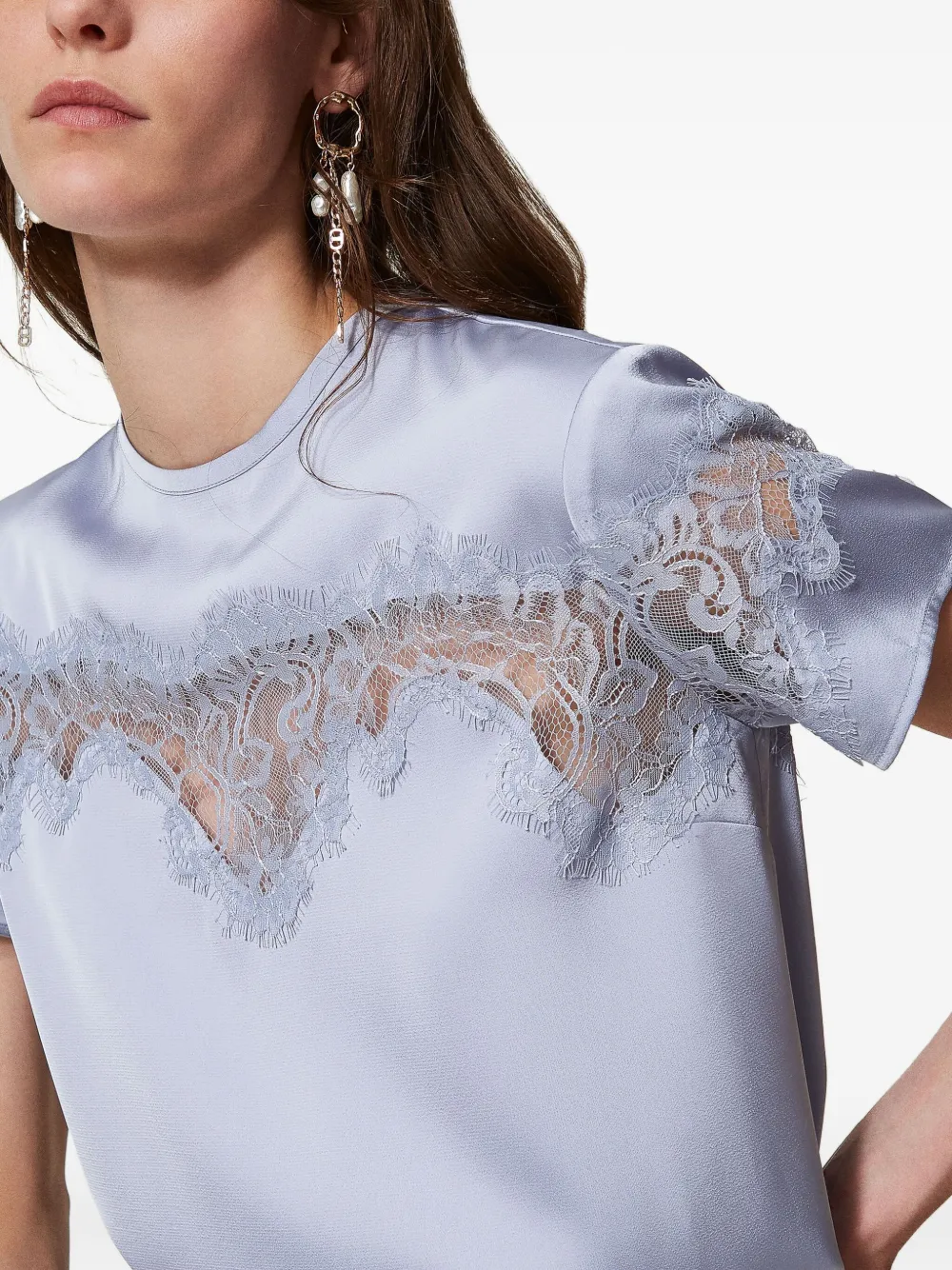 TWINSET Top met korte mouwen en kanten vlakken Paars