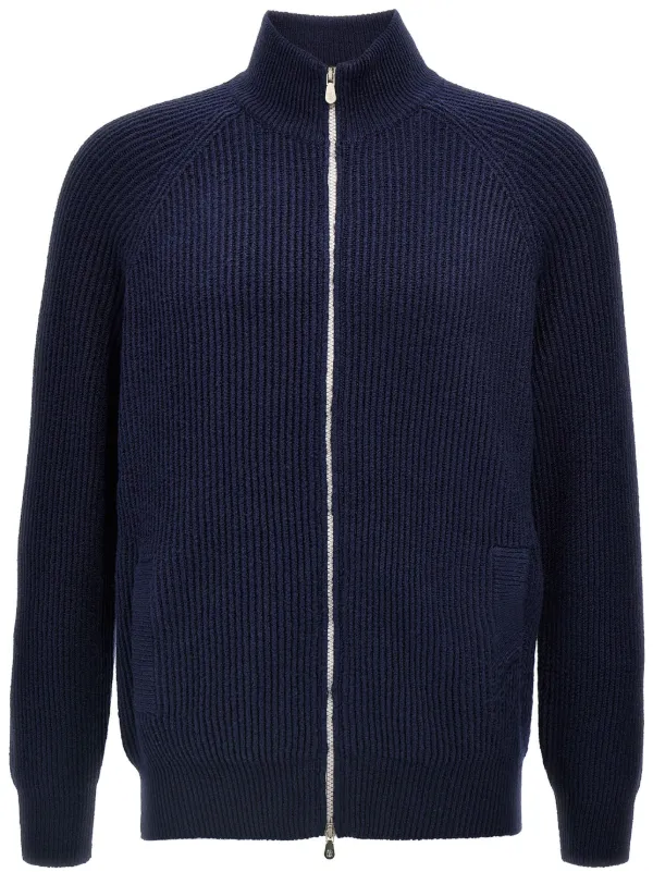 Brunello Cucinelli Ribbed Cardigan | Blue | FARFETCH AZ
