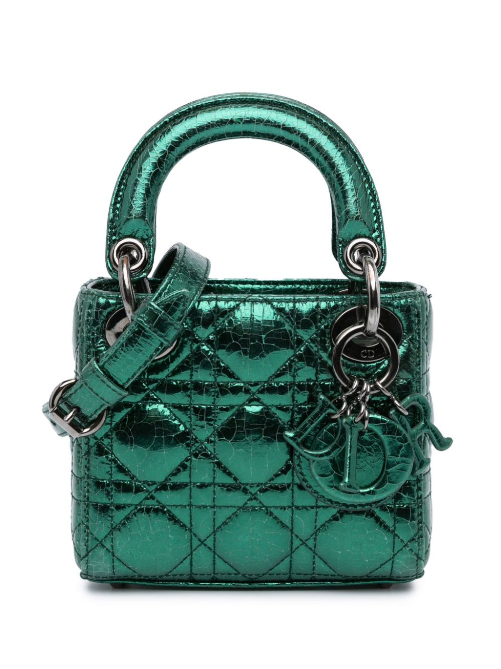 Christian Dior Pre-Owned 2019 Micro Metallic Crinkled Calfskin Cannage Lady Dior satchel - Green