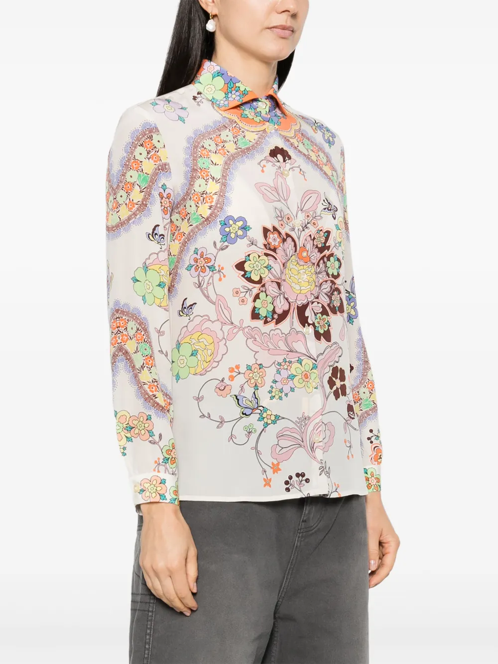Etro Floral Paisley Print Button-up Silk Shirt In Neutrals