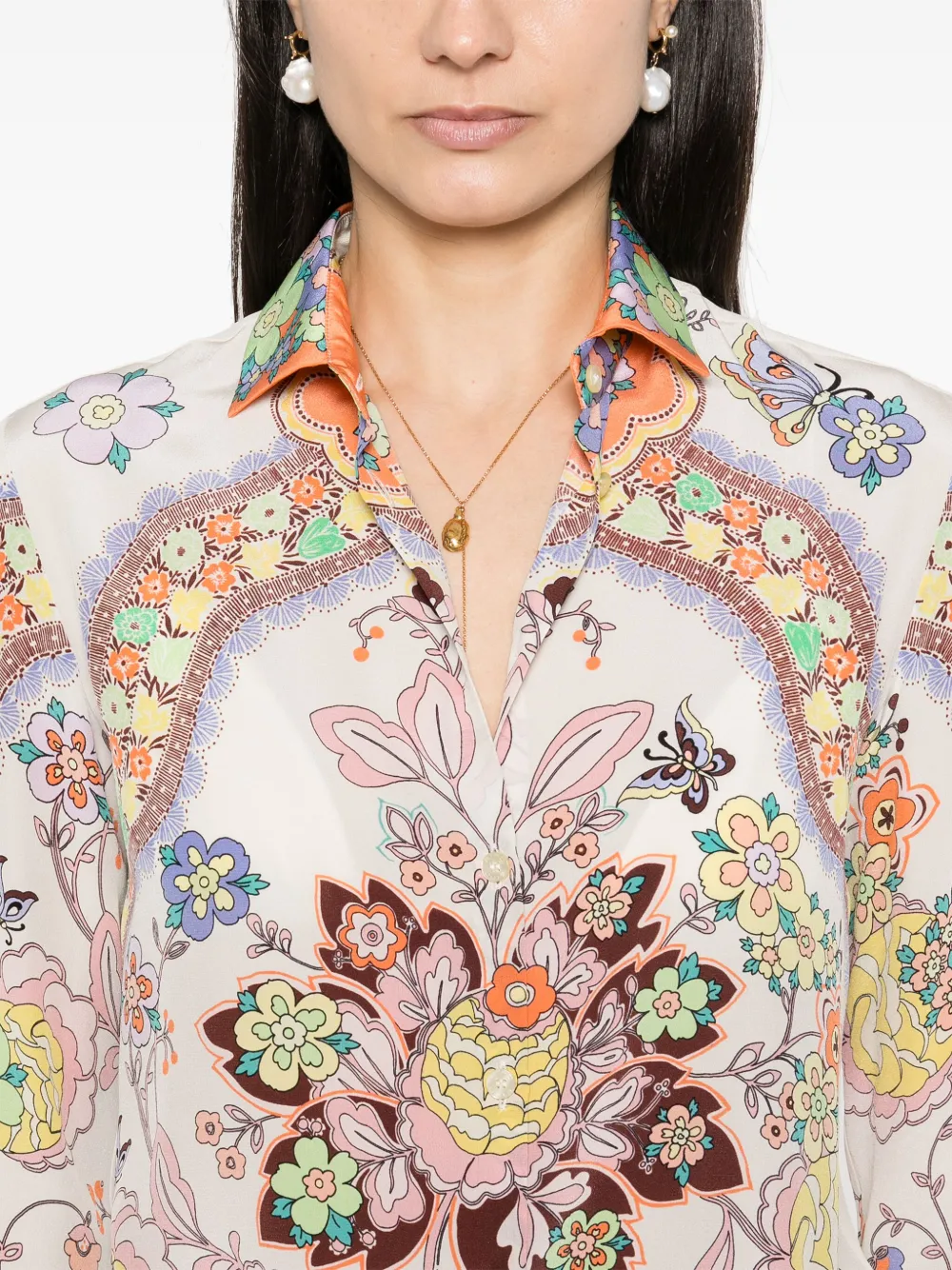 Etro Floral Paisley Print Button-up Silk Shirt In Neutrals