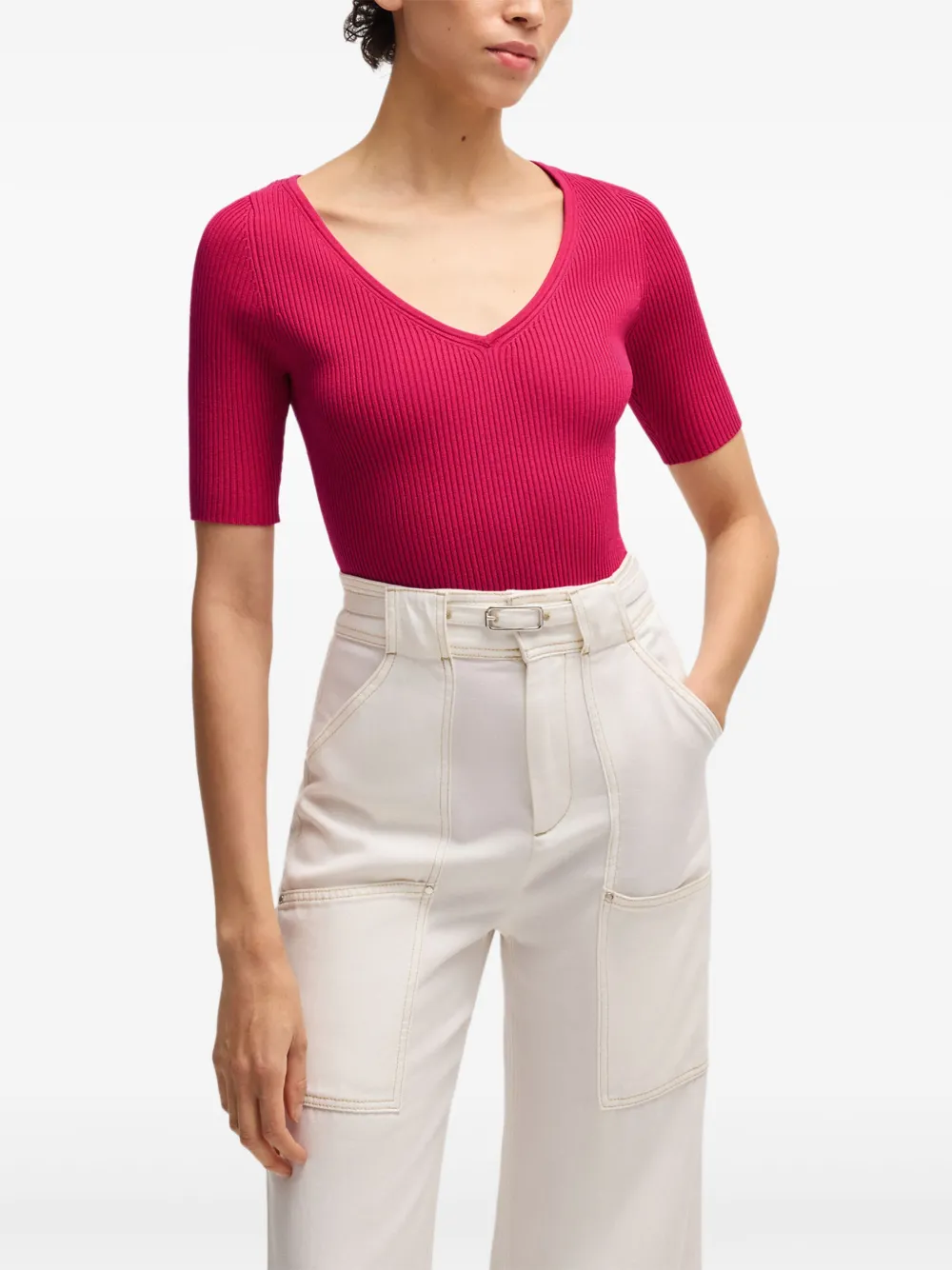 BOSS Geribbeld T-shirt Roze