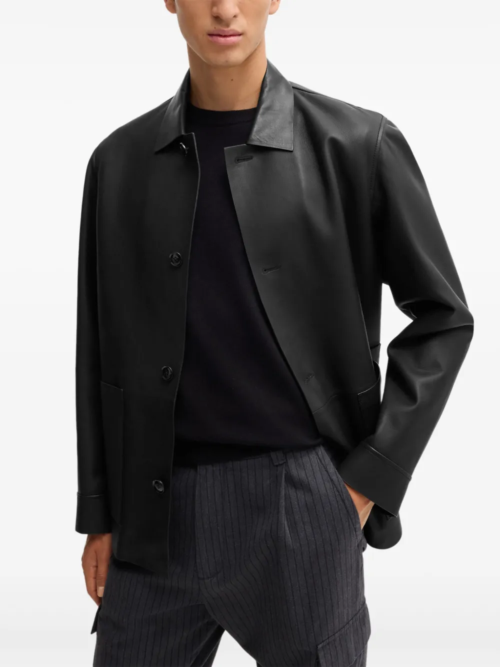 BOSS Leren shirtjack Zwart