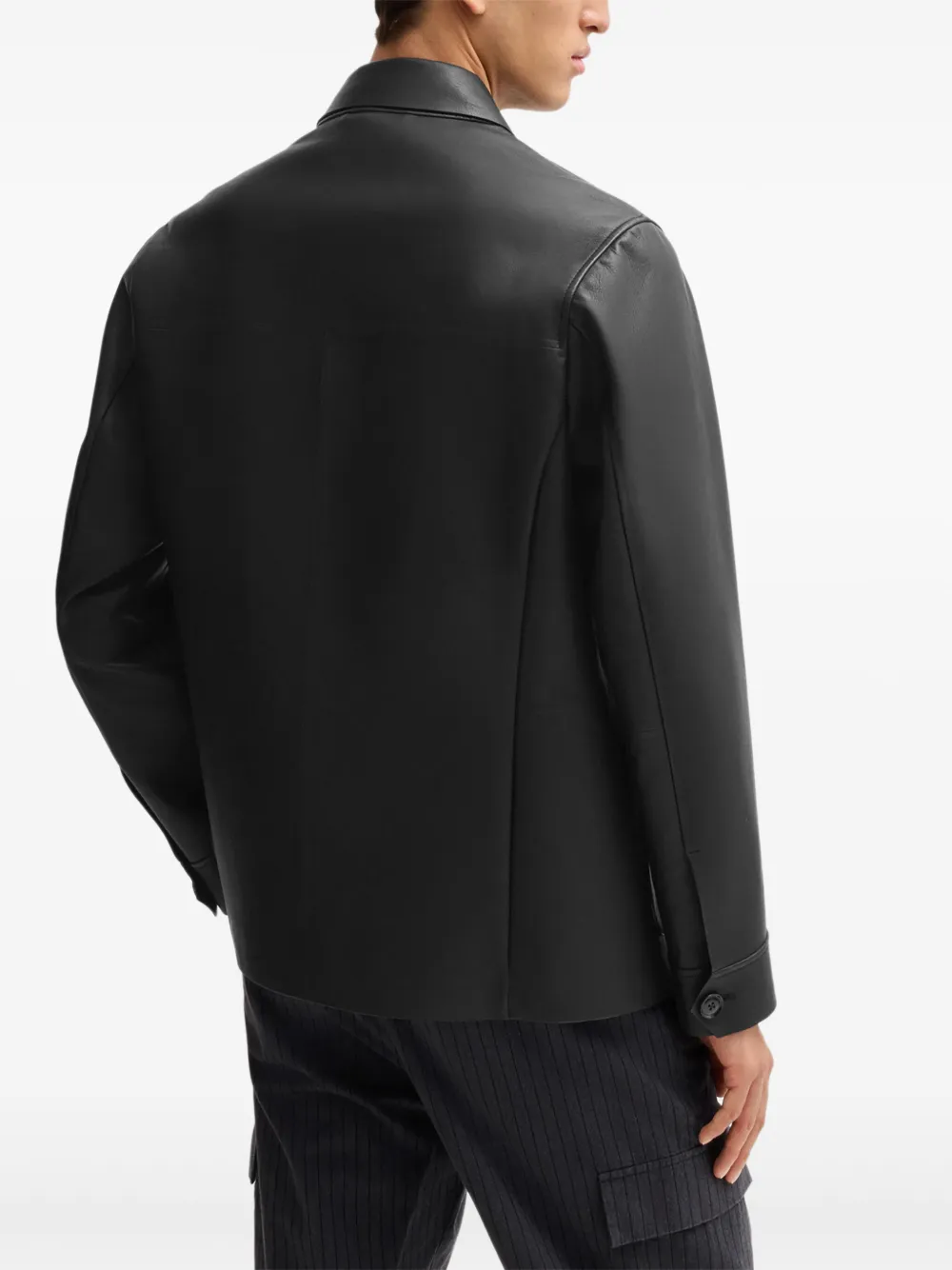 BOSS Leren shirtjack Zwart