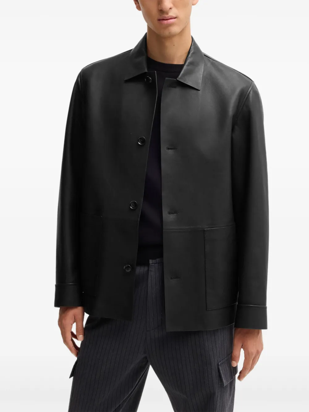 BOSS Leren shirtjack Zwart