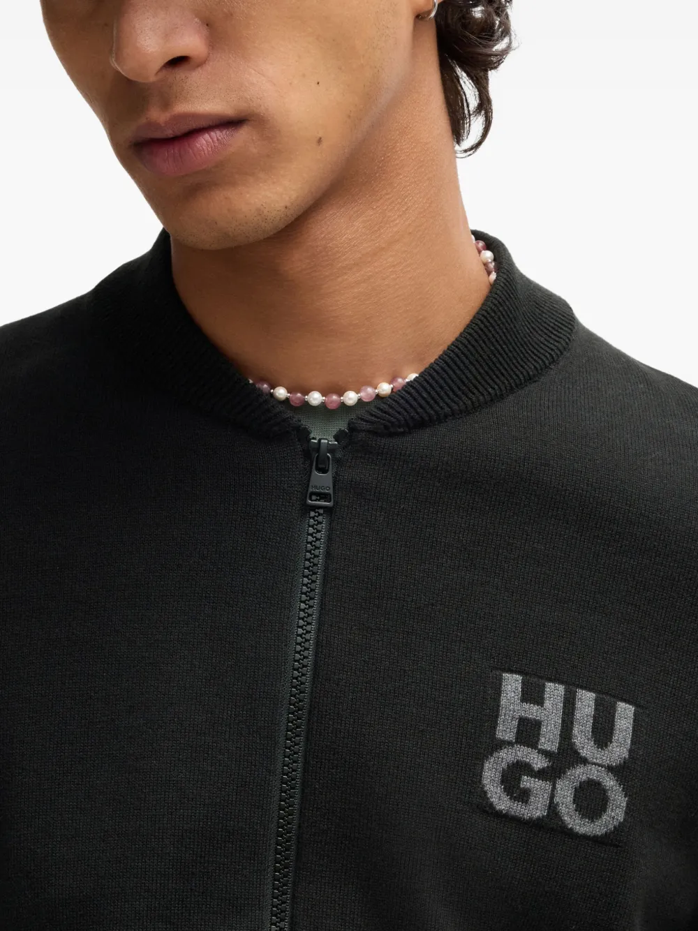 Shop Hugo Boss Logo-intarsia Zip-up Sweater In Black