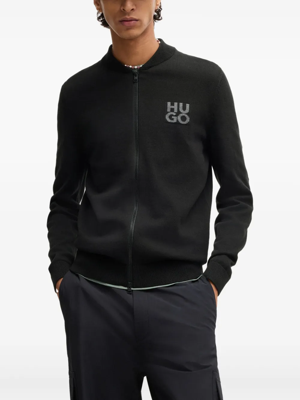 HUGO BOSS LOGO-INTARSIA ZIP-UP SWEATER