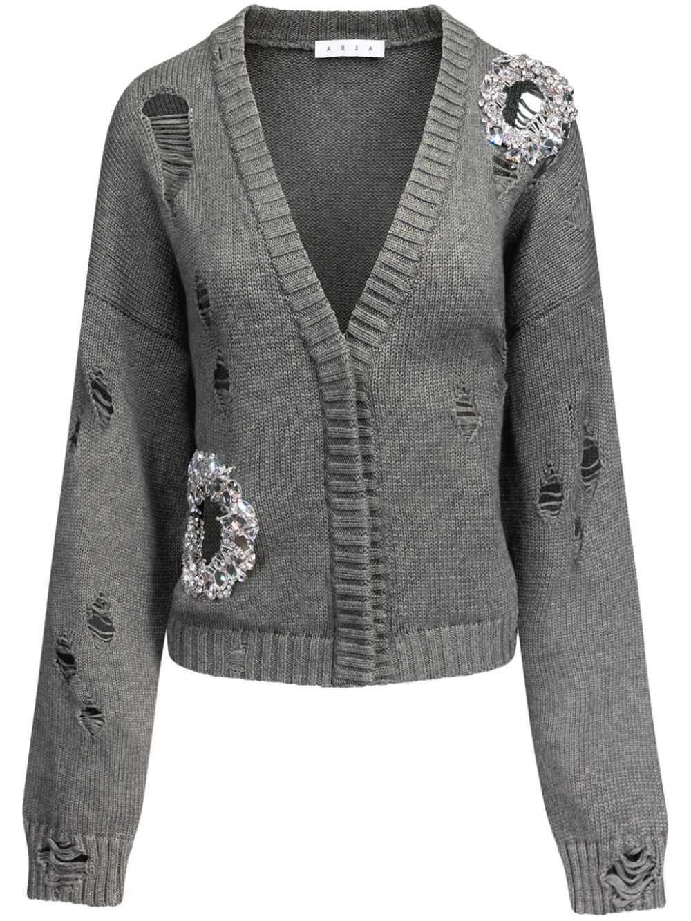 AREA crystal-embellished distressed cardigan Grijs