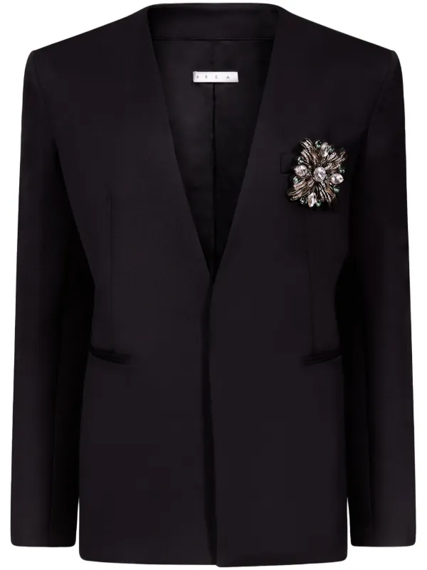 Area Crystal-brooch Collarless Blazer in Black