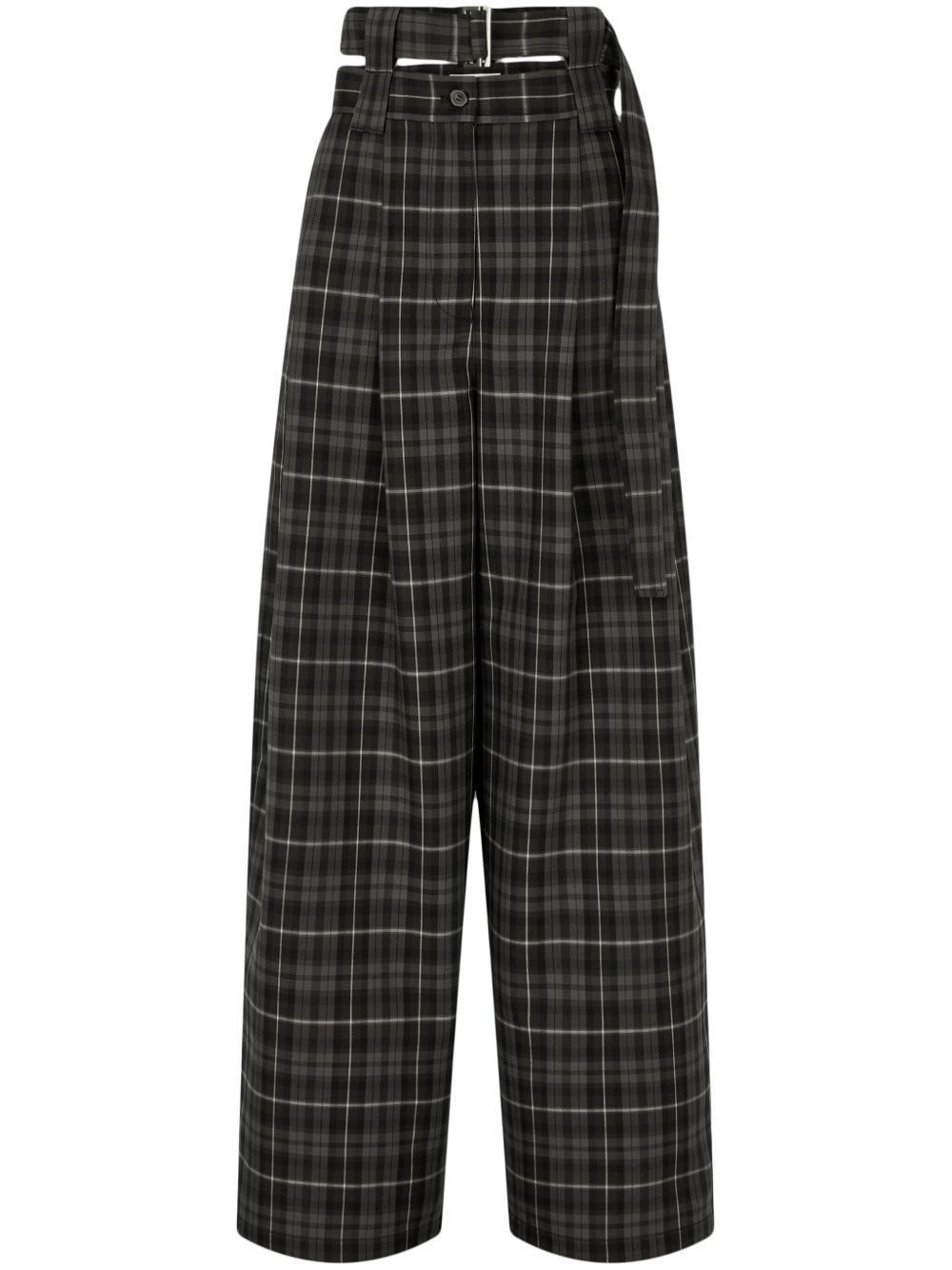 tartan check-pattern belted tuck trousers