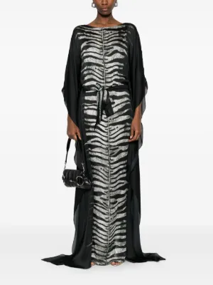 新品タグ付き roberto cavalli ワンピース シルク 総柄 レース Extra-Long Silk Dress With Oriental Bird Print in Ivory/Pink
