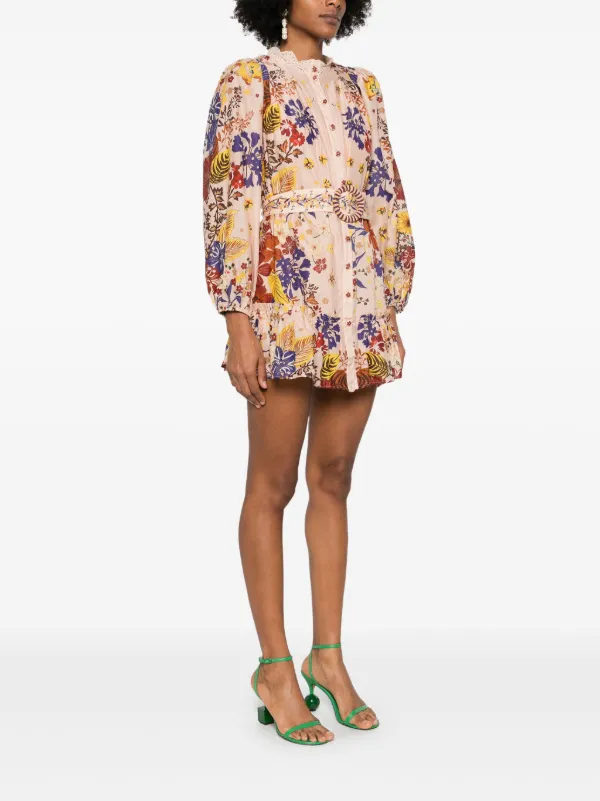 farm rio puff sleeve mini dress Farm Rio Romantic Nature Multicolor V-Neck Puff-Sleeve Mini Dress