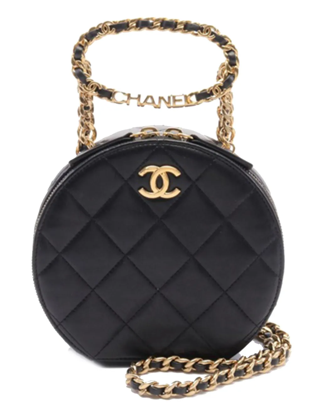 Pre-owned Chanel 2021-2023 Quilted Lambskin Oval Logo Chain Top Handle Round Clutch On Chain Satchel In Black