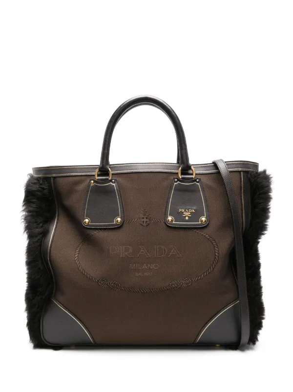Prada Pre-owned 2010s Shearling-trim Tote Bag in Brown