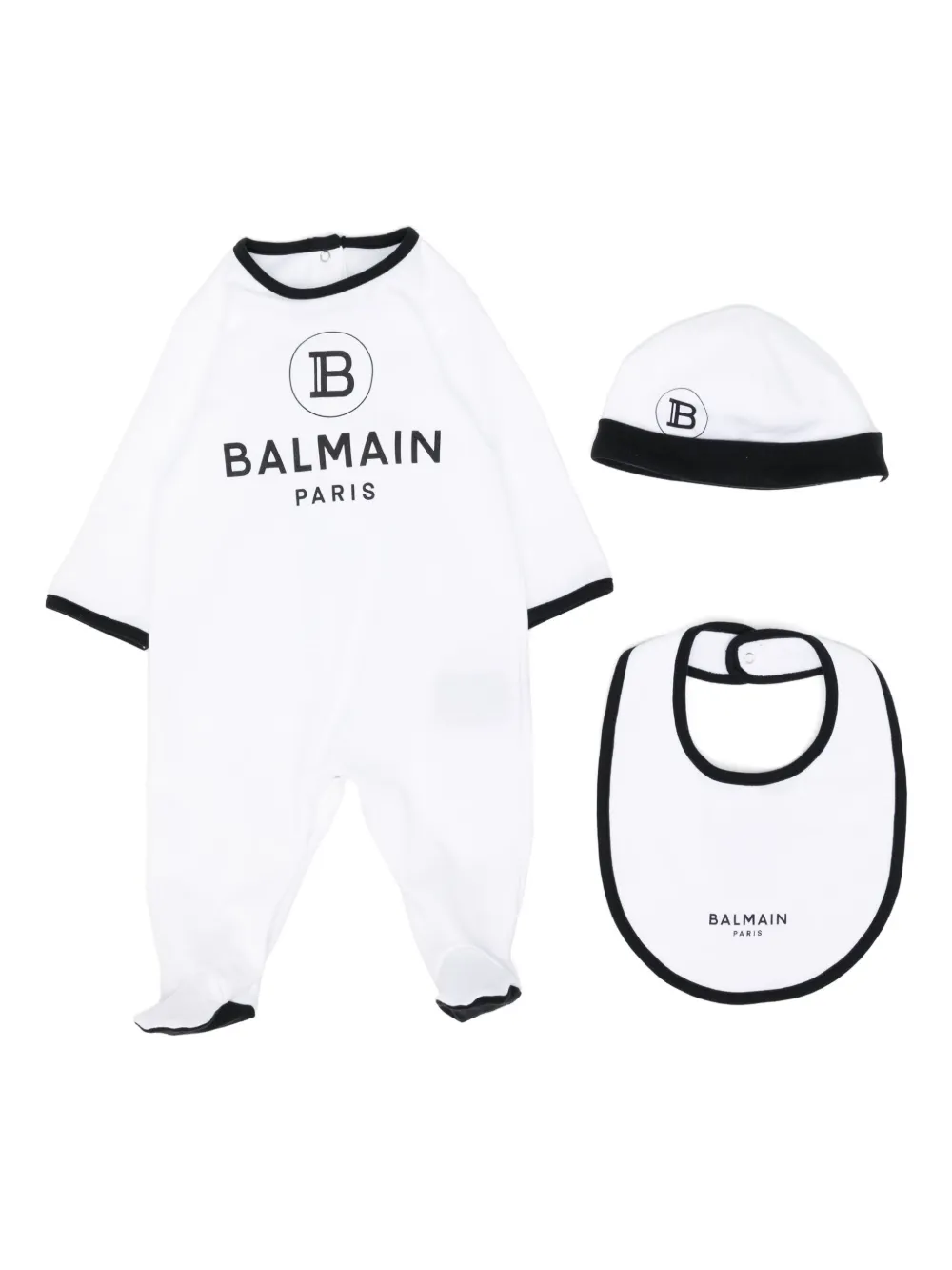 Balmain Kids Romper slabbetje en muts Wit