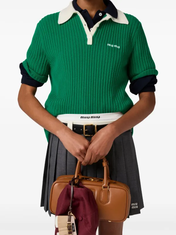 関税込【MiuMiu】Layered wool and cashmere polo shirt Layered wool and cashmere polo shirt in brown - Miu Miu