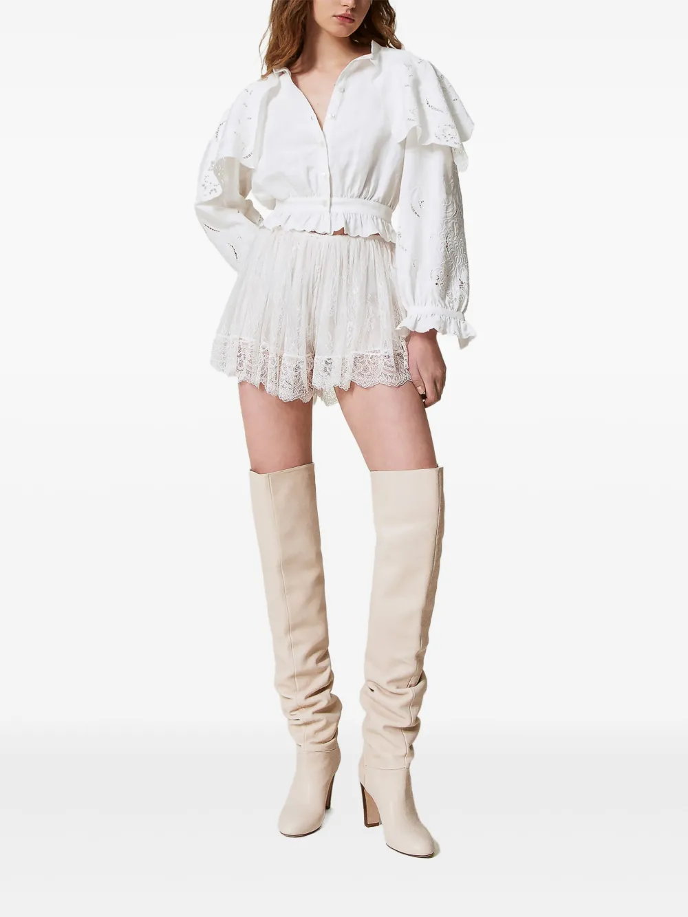 Shop Twinset Lace-overlay Shorts