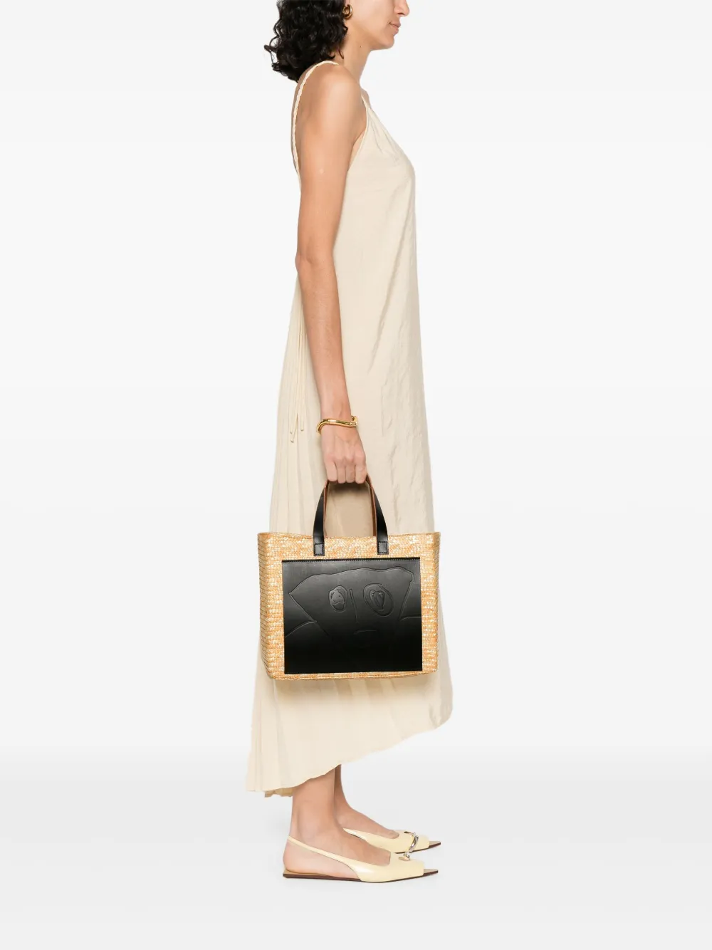 Plan C leather-panelled straw tote bag - Beige