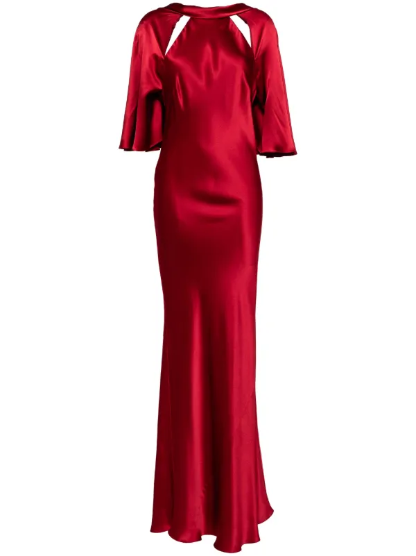 michelle mason red silk dress Open back long sleeve gown