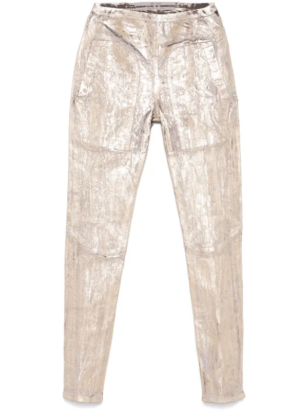 Rick Owens Cracked-effect Trousers in Gold