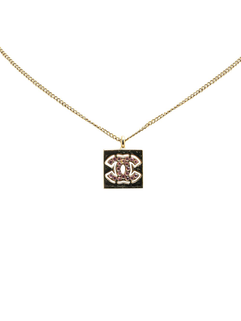 2002 Gold Plated Rhinestone CC Square Pendant costume necklace