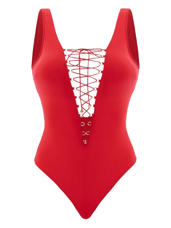 レディース ワンピース水着 レッド チェーンデザイン Noire Swimwear レースアップ 水着 | レッド | FARFETCH JP