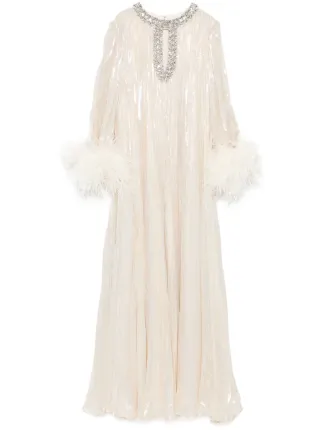 関税込【Self-portrait】Feathertrimmed embellished maxi dress Feather-trimmed embellished maxi dress in white - Self